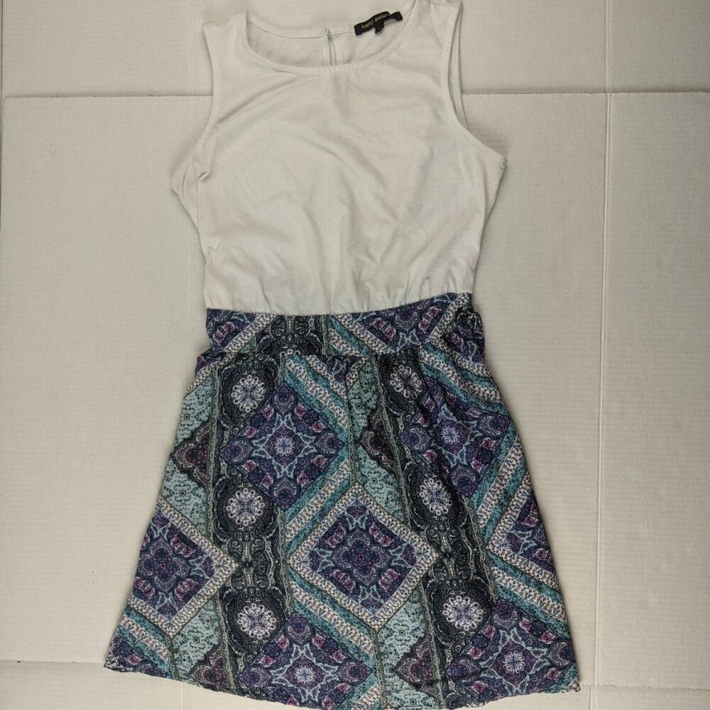 Kathy Ireland Dress with Tie Waist White Top Purple Print Skirt